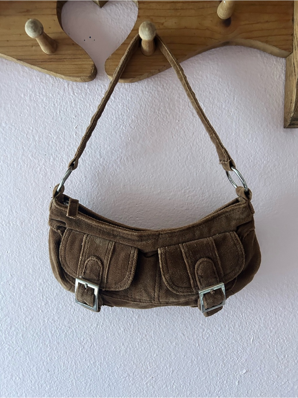 Y2K Vintage Brown Corduroy Shoulder Bag | Cargo Buckle Detail Grunge Baguette